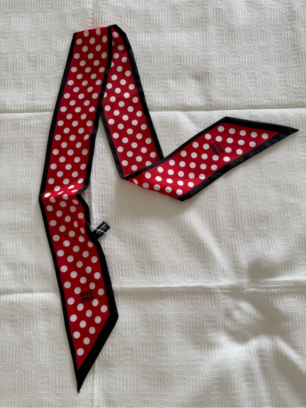Red and White Polka Dot Satin Twilly with Black Trim Miu Miu